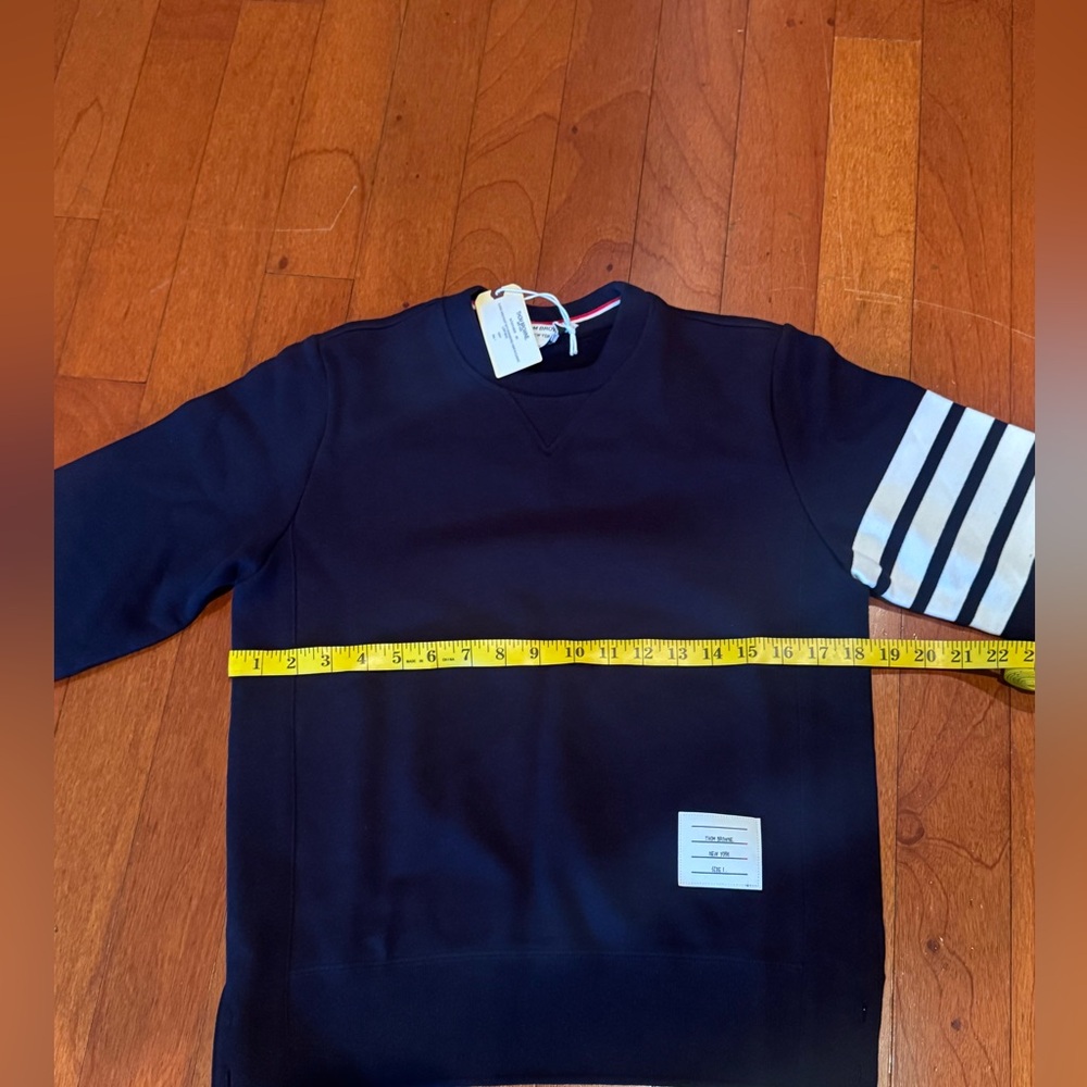 Thom Browne Dark Blue Crewneck Sweater with White Sleeve Stripes